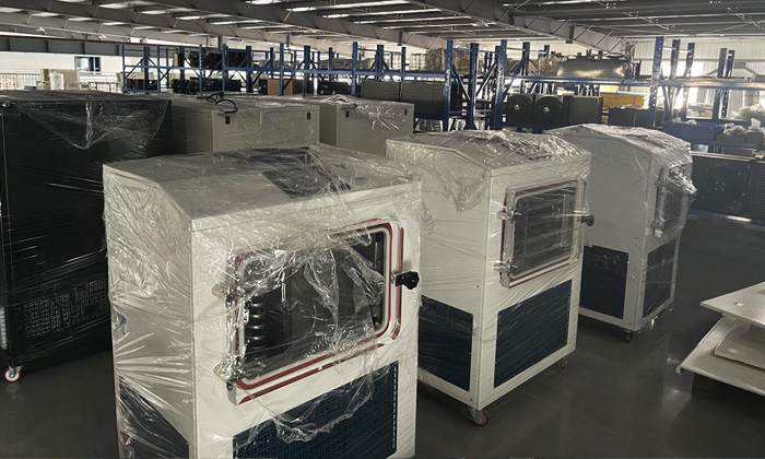 Geliss pilot freeze dryer history in 2021 - technician loading fruit trays into a pilot-scale lyophilizer machine for small business food production